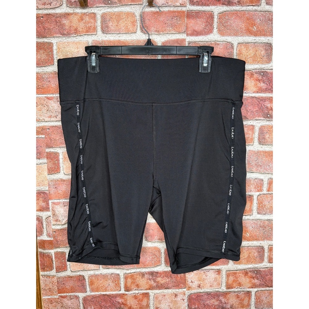 Bebe Sport Womens 2X Black‎ Logo Tape Biker Shorts High Waisted Athletic Yoga XL